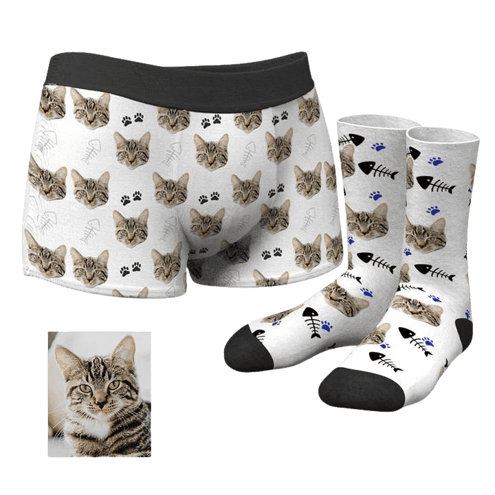 Śmieszne personalizowane bokserki i skarpetki ze zdjęciem Twojego kota na prezent - Mejkmi - Personalizowane Prezenty Dla Twoich Bliskich!